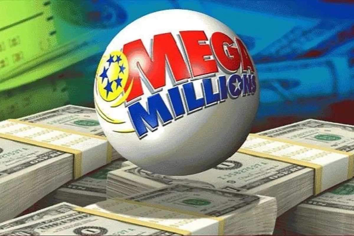 Mega Millions jackpot ball resting on stacks of cash